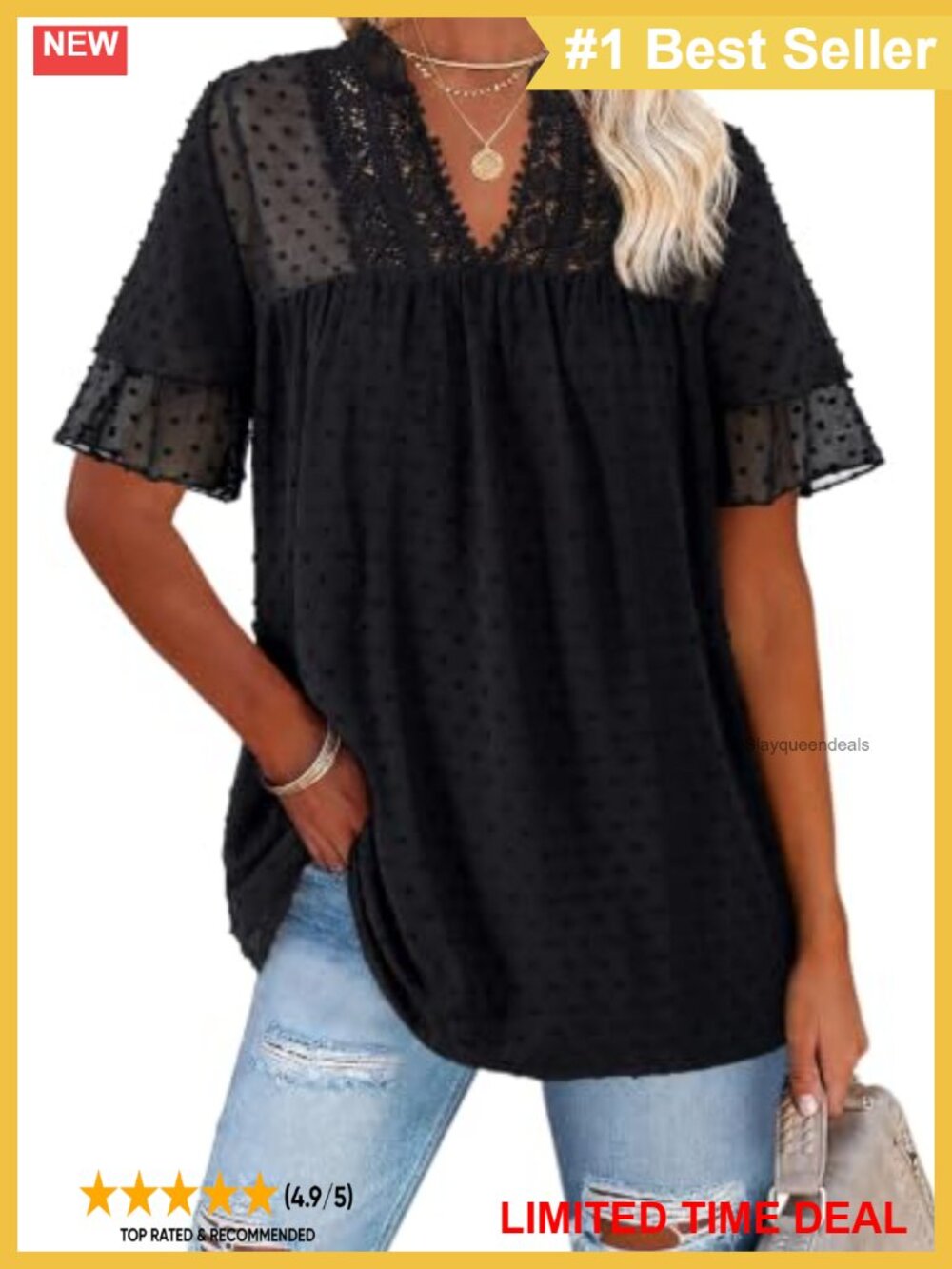 Swiss Dot V Neck Blouse with Butterfly Sleeve and Ruffle Trim